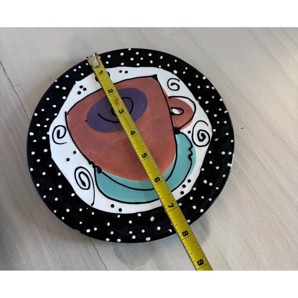 Joanne deLomba for Lotus Whimsical Coffee Cup Salad Plates Set of 2 Black 8 Inch